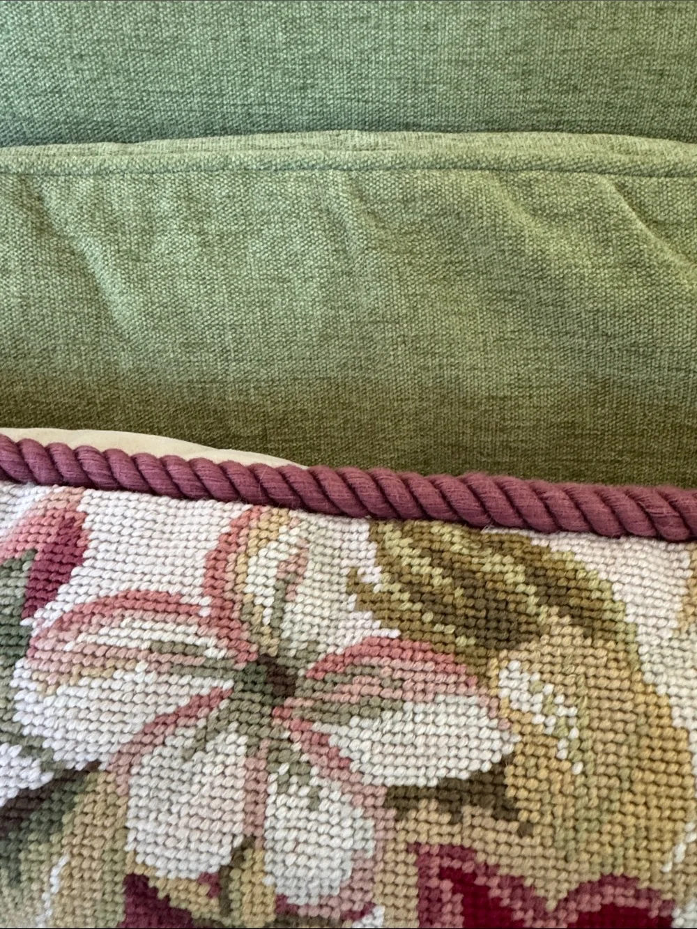 Floral needlepoint Throw Pillow in Red, Burgundy, Cream, Beige, Pink and Green